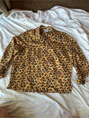 Vintage Geometric Button-Up Silk Blouse in Mustard Yellow